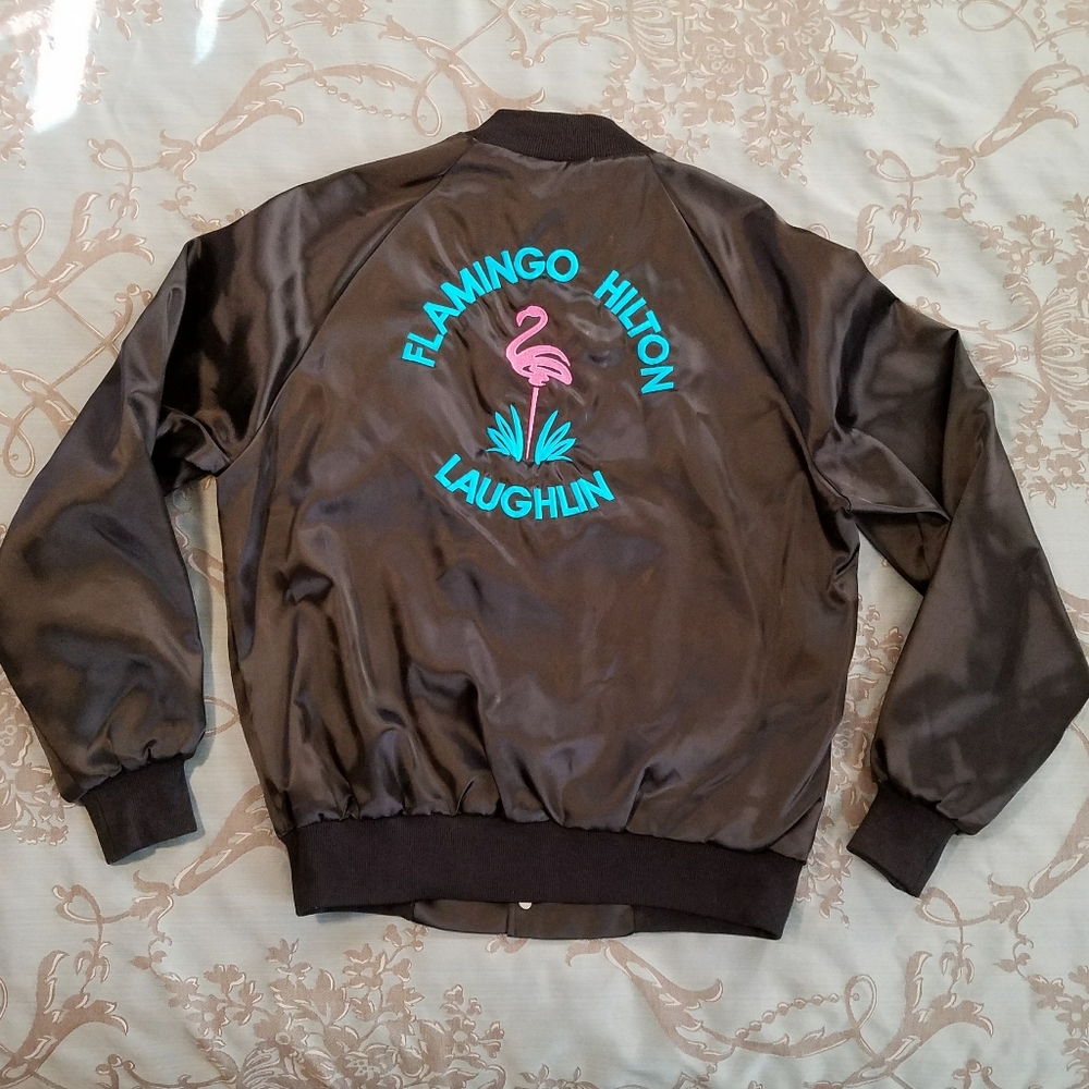 Vintage West Ark Flamingo Hilton Resort & Caino Laughlin Satin Bomber Jacket Med